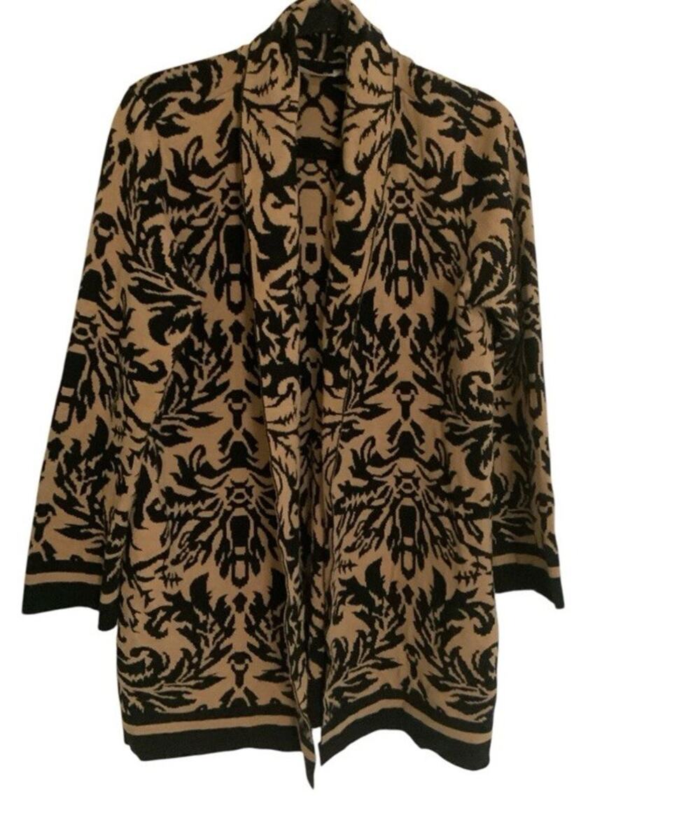 Soft Surroundings Westcourt Cardigan Large L Camel Black Damask Jacquard Cotton